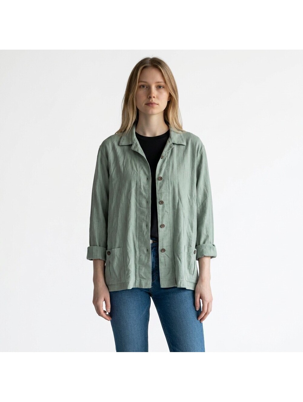 Coldwater Creek Jacket Women M Medium Gray Button Up Collared 3/4 Sleeve Cotton